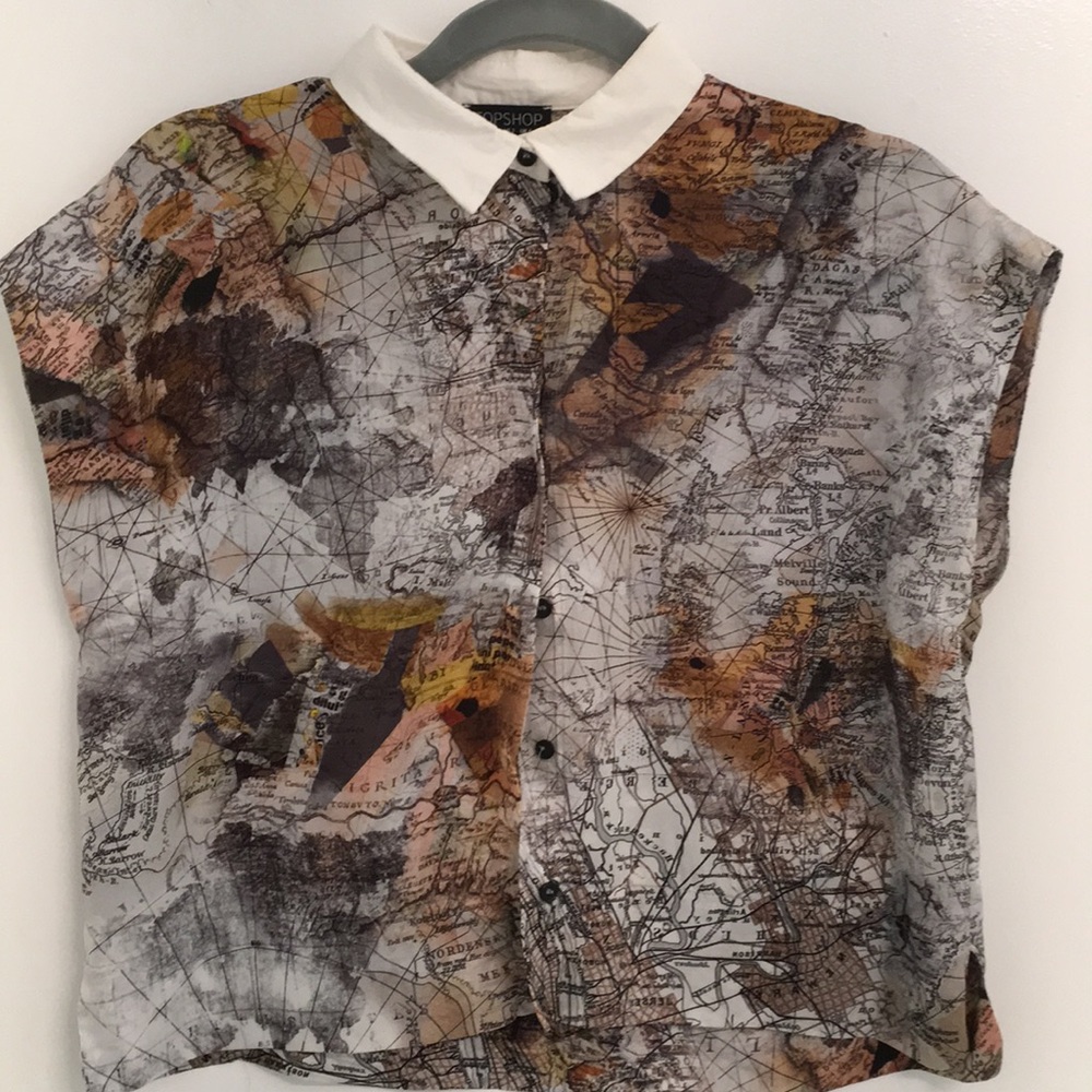 Topshop World Map Collared button down Crop Top - Picture 5 of 8